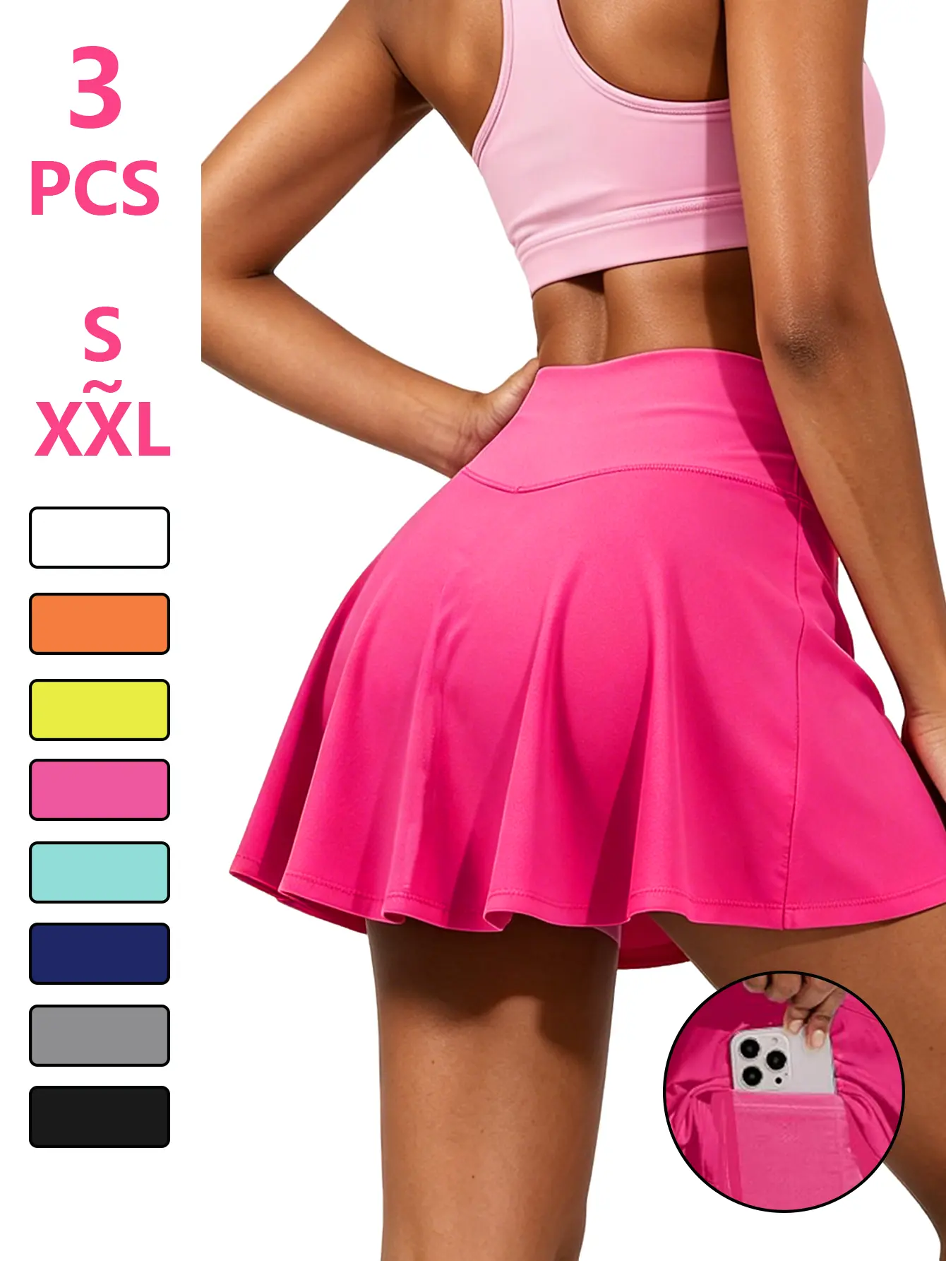 Women's Basic Minimalist 3-Pack 2-in-1 Skorts, High Waist Stretchy Flowy Mini Skirt with Pockets, Summer Yoga Activewear Bottoms
