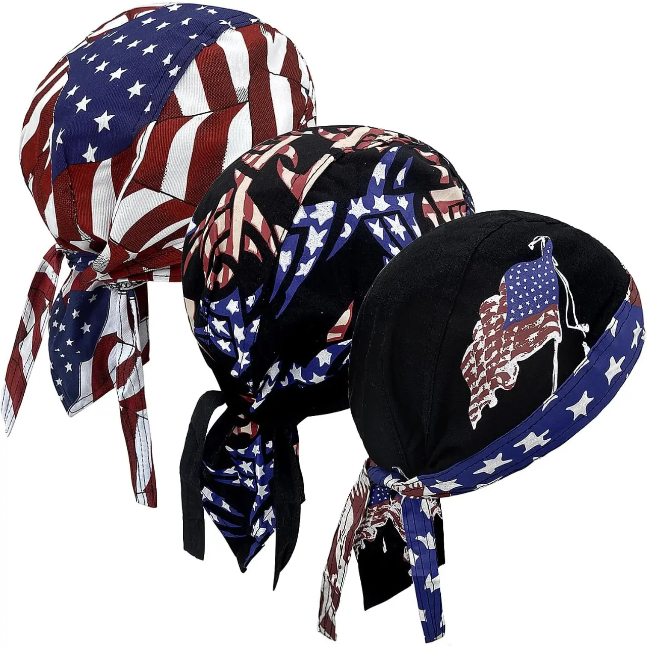 3 Pack Doo Rag Skull Cap – Cotton Breathable Helmet Liner, Moisture Wicking Pirate Hat for Men & Women US Flag Do Rag
