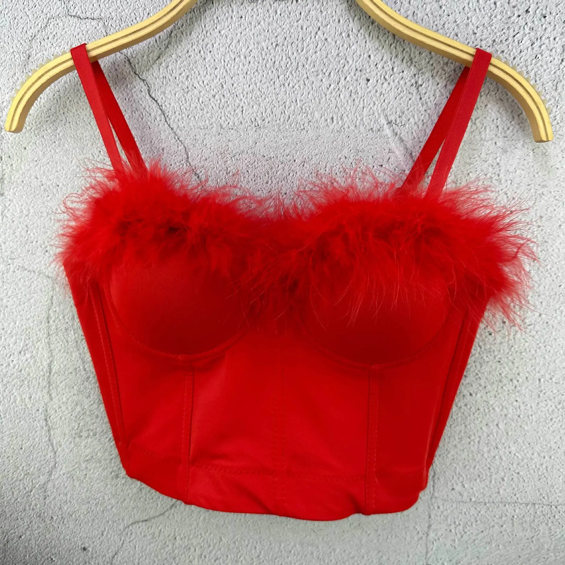 Feather Trim Bustier Top, Women's Strappy Sleeveless Fishbone Corset for Festival Parties, Halloween