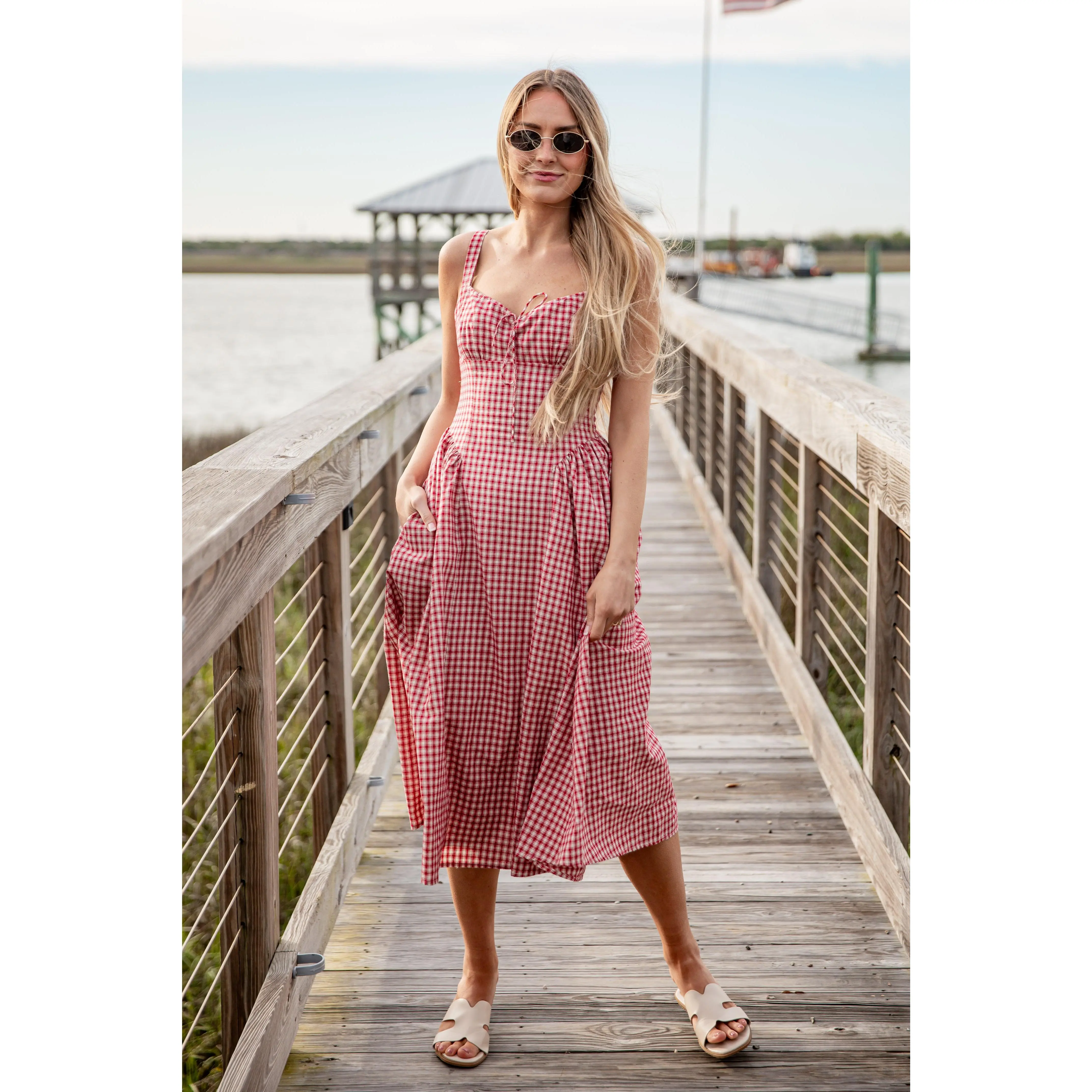 Sweet Cherry Red Plaid Midi Dress