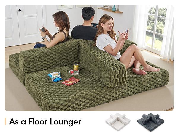 【Ships in 2 Boxes】 AMERLIFE Foldable Sofa Bed, Convertible Floor Sofa with Plush Faux Fur, No Assembly Mattress Couch for Living Room, Apartment, Bedroom