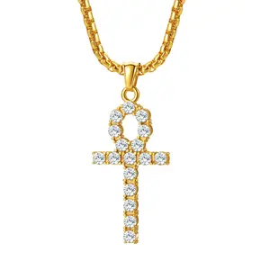 OIDEA Men's Ankh Cross Necklace - Stainless Steel Egyptian Hieroglyph Pendant, Rhinestone Diamond Encrusted, 22-In Wheat Chain Gothic Punk Rock Gift for Men (Ankh, Stainless Steel, Chain Accent Necklaces), Ankh Necklaces