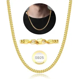 18K Real Gold Over 925 Sterling Silver Chain for Men, 4mm Miami Mens Cuban Link Chain Necklace, Hip-Hop & Cool Men's Chain Necklace, 16/18/20/22/24/26 Inch