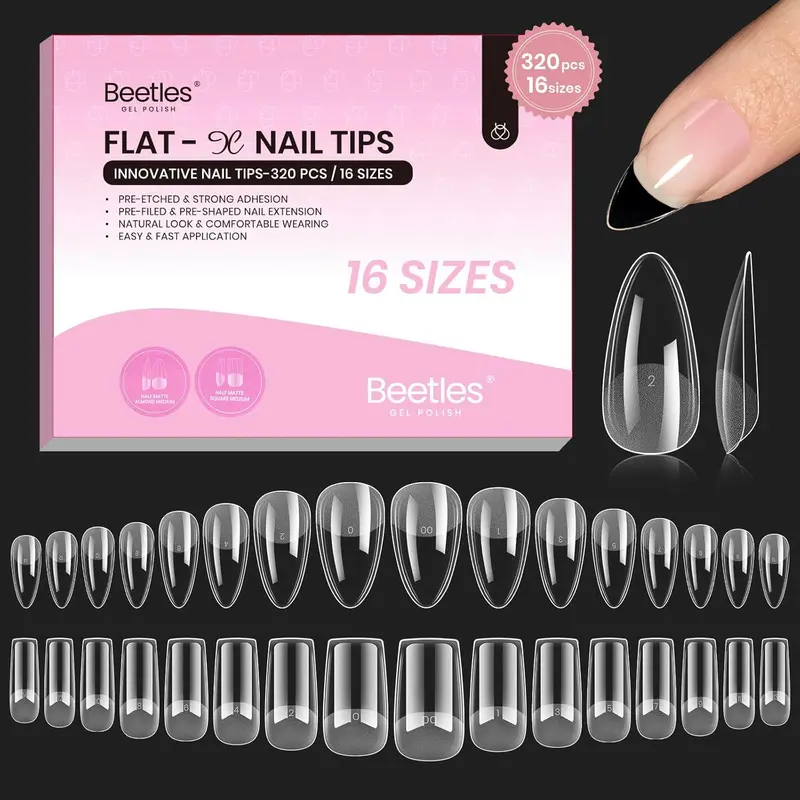 Beetles Flat-X Nail Tips - Almond Square 16 Sizes Pre-Etched Half Matte Full Cover Soft Acrylic Press on Easy DIY False Nail Extension Salon for Flat & Natural Nail Beds