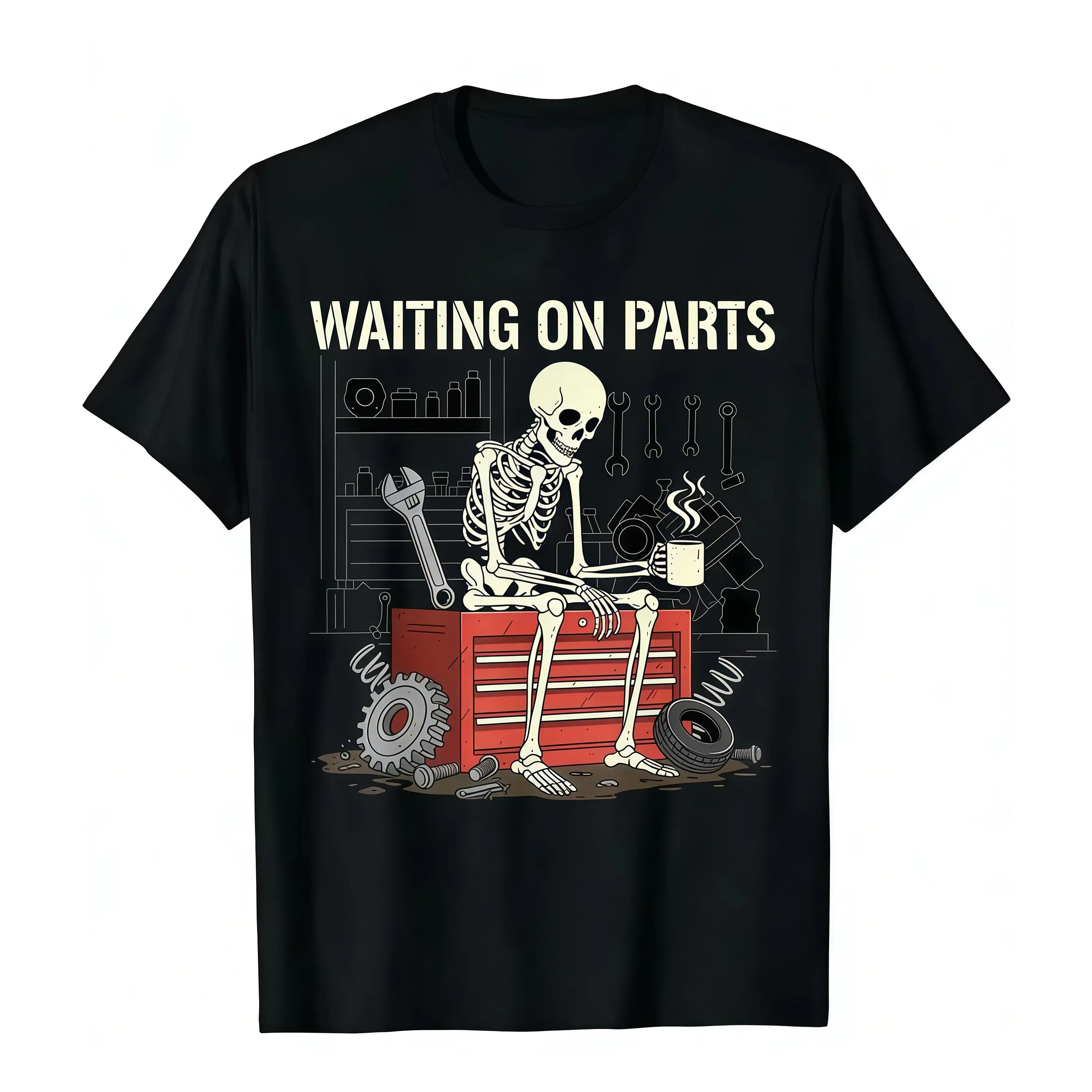 Humorous Skeleton Auto Mechanic T-Shirt for Men Women and Couples Trendy Short Sleeve Street Style Casual Summer Tee Must Have Fashionable Top Classic Cotton Menswear Crew Neck Graphic Womenswear Print