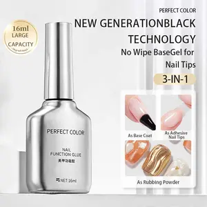 PERFECT COLOR Base Coat Nail Polish 16ml 3in1 Gel Base Coat,Nail Glue For Nail Tips And Rub Chrome Nail Powder Long-Lasting Soak Off UV LED Lamp Needed DIY Home and Nail Salon Gifts for Women