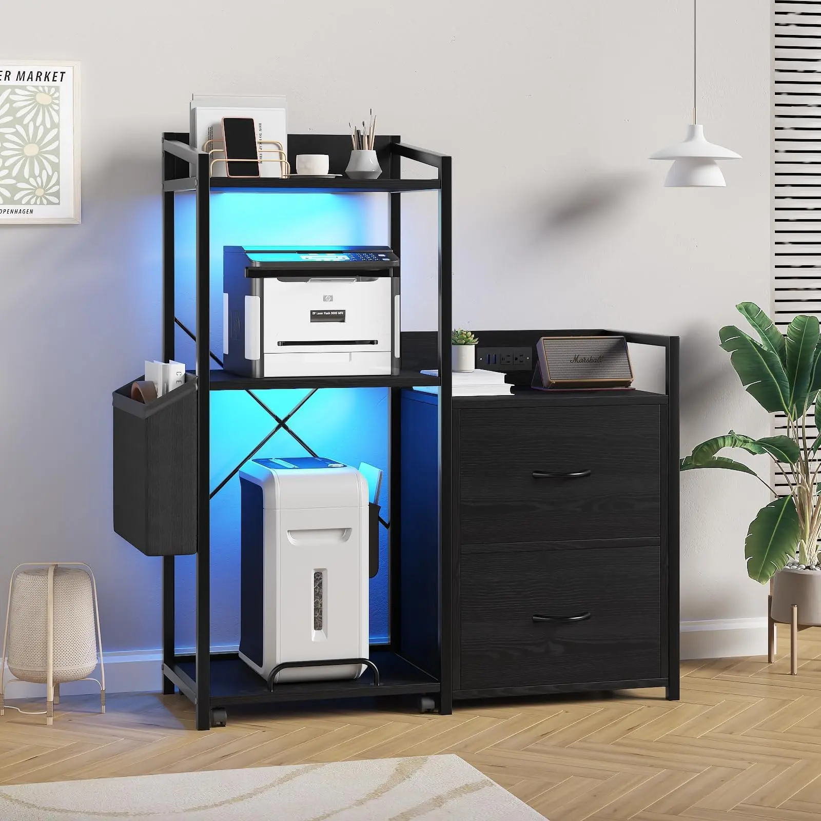 Garvee Multi-functional office cabinet with 3 shelves, RGB LED lighting, charging station, drawers, and compartments for PC tower and fax; includes 2 drawers and storage shelves for organized workspace