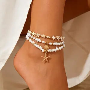 3Pcs Boho Beach Anklets for Women, Starfish Shell Layered Ankle Bracelets, Summer Vacation Foot Jewelry