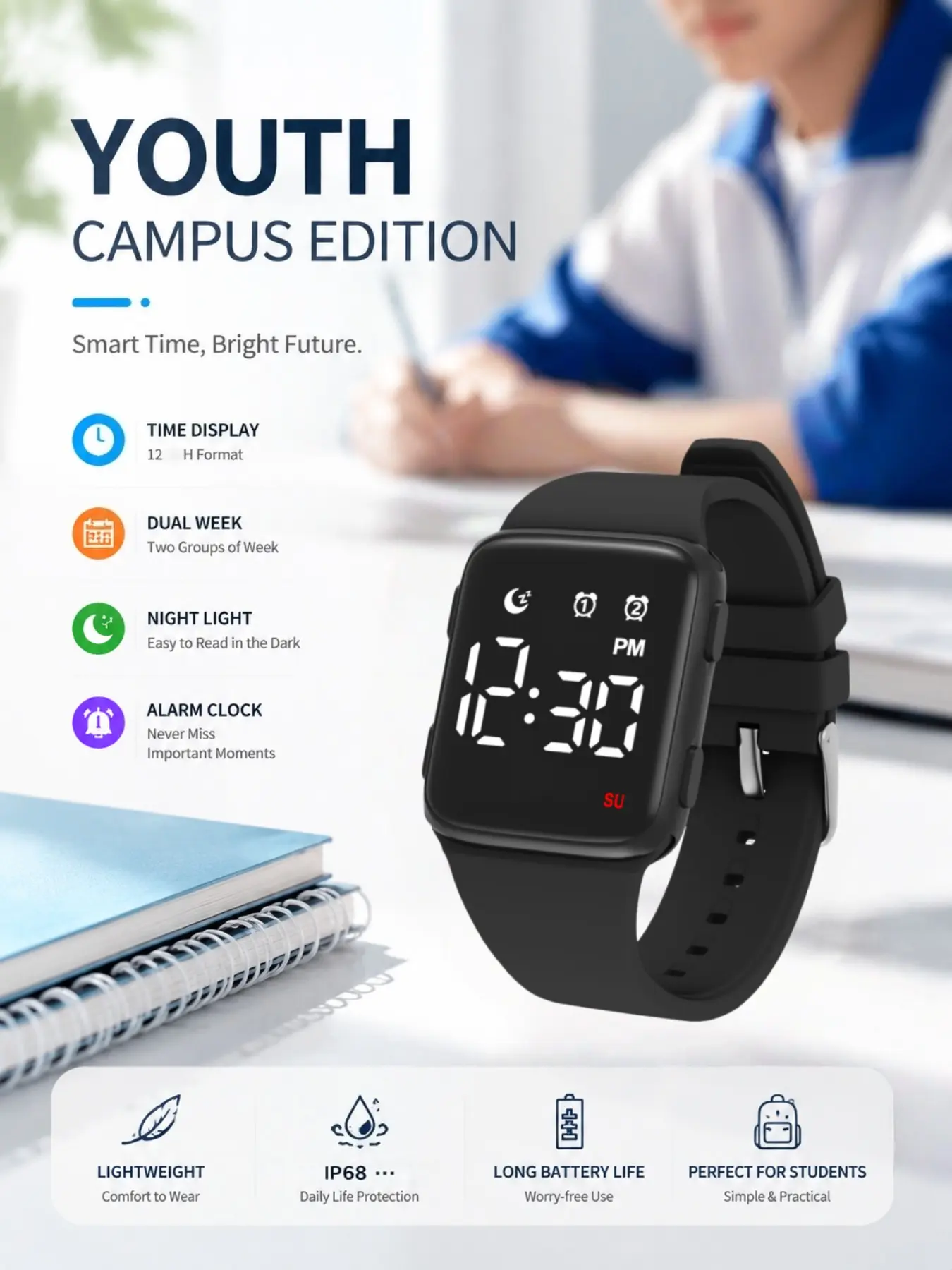 Multifunctional waterproof digital watch with large numerals, day-of-the-week display, and luminous digits. Lightweight and comfortable, it’s perfect for teens and students—a great sports watch for both boys and girls.