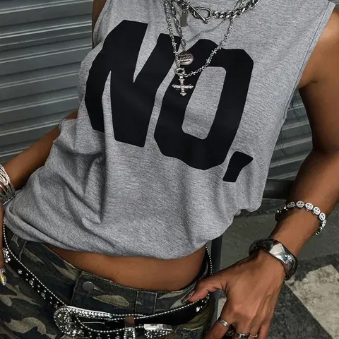 Women's Oversized Sleeveless Vest Tops, Bold Print Statement, American Street Style, Casual, Punk Chic, Minimalist Attitude, Spring & Fall Fashion