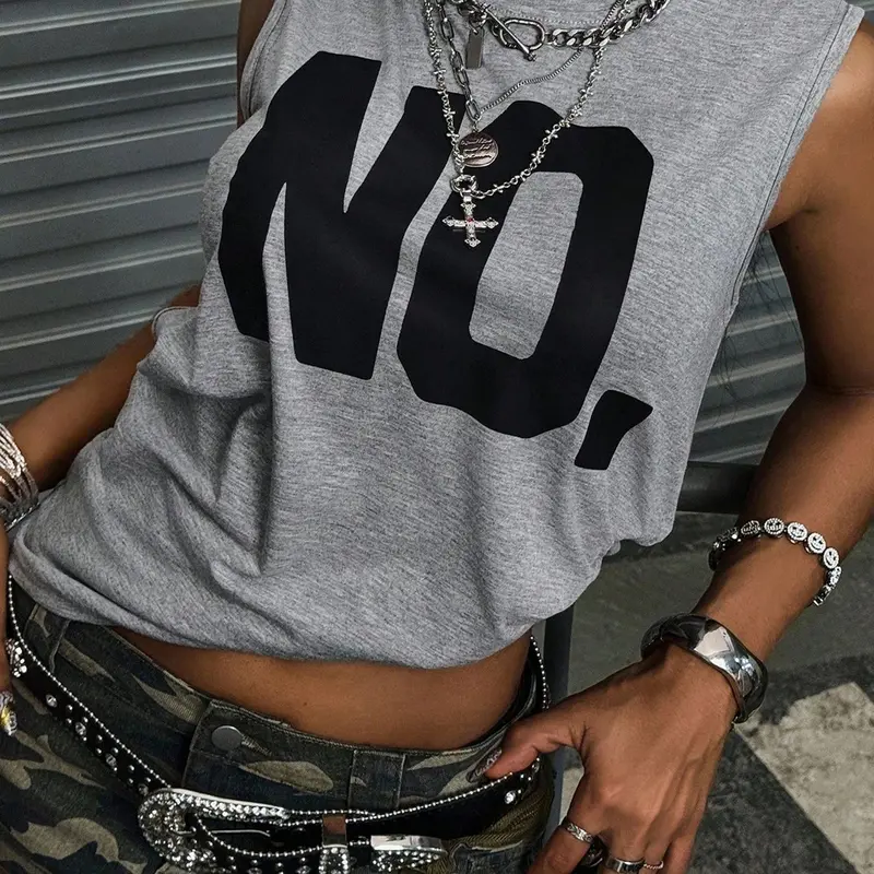 Women's Oversized Sleeveless Vest Tops, Bold Print Statement, American Street Style, Casual, Punk Chic, Minimalist Attitude, Spring & Fall Fashion