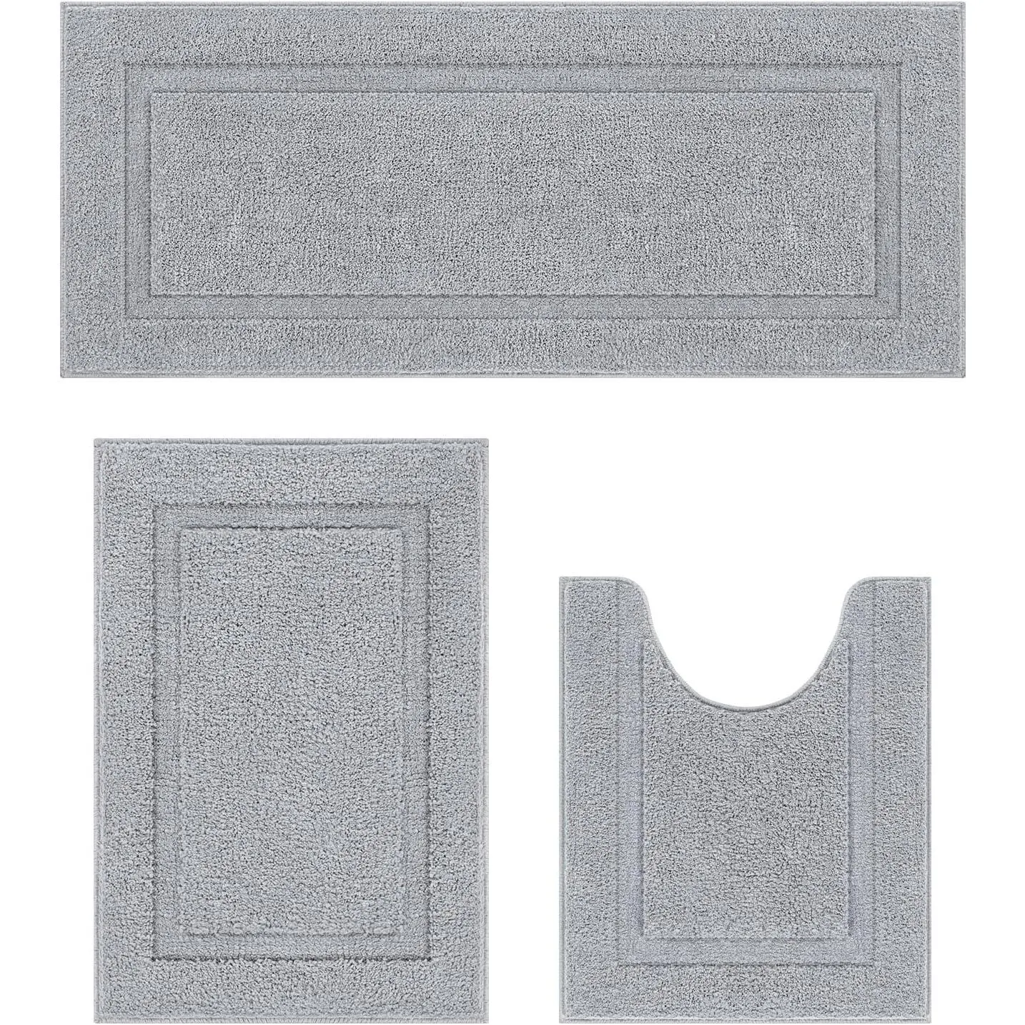 Bathroom Runner Rugs Set of 3 Ultra Soft Bath Mat with U Shaped Toilet Rug Absorbent Non Slip Microfiber Bath Rugs for Bathroom Kitchen Bedroom, Light Gray