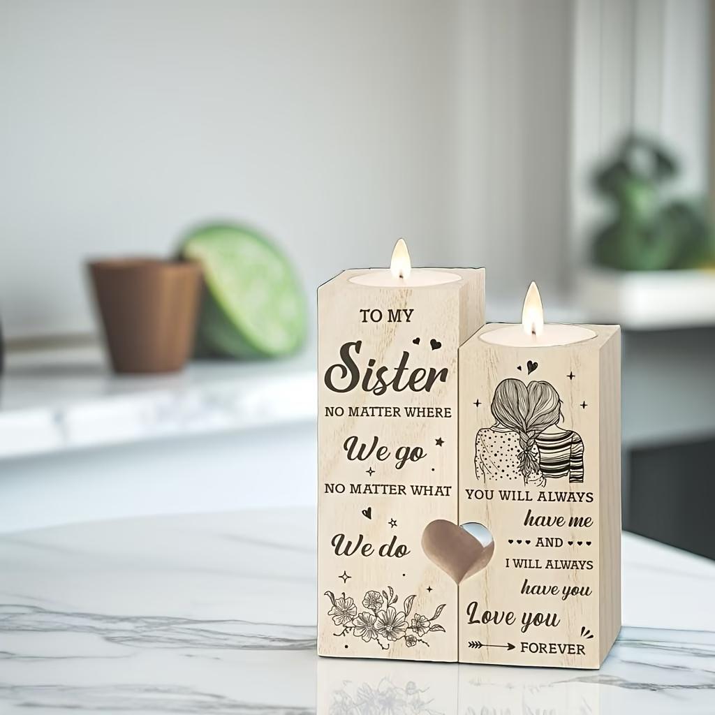 To My Sister Wooden Candle Holder, Sister Gifts from Sister, Heart-Shaped Candle Stand for Home Decor, Birthday Christmas Gifts for Sister