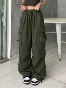 High Waist Wide Leg Flare Pants with Pockets, Elastic Loose Fit Workwear, Youth Y2K Kpop Style Jeans, Street Casual Wear for Dancing