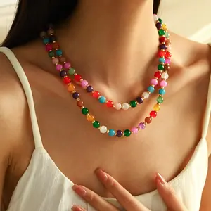 Bohemian Rainbow Natural Stone Necklace, Double Layer Multi Colored Beaded Necklace, Suitable For Summer And Casual Wearing