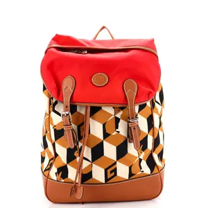 Pre-owned GUCCI Canvas Plain, Nylon Backpacks Interlocking G Patch Flap Buckle Backpack Printed Nylon with Canvas and Leather by Rebag