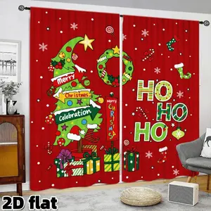 2D Flat 2Pcs Christmas Tree Pattern Window Curtains Red Holiday Decor HoHoHo Design Rod Pocket Semi Sunshade Living Room Bedroom Balcony Kitchen Home Curtain Panel Christmas Decoration Privacy Protection