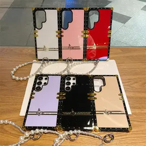 Creative Simple Solid Color Phone Case with Beaded Phone Chain, Phone Protective Cover, Phone Accessories Compatible with Samsung Galaxy S8 S9 S10 S20 S21 S22 S23 S24 S25 Ultra, Shockproof