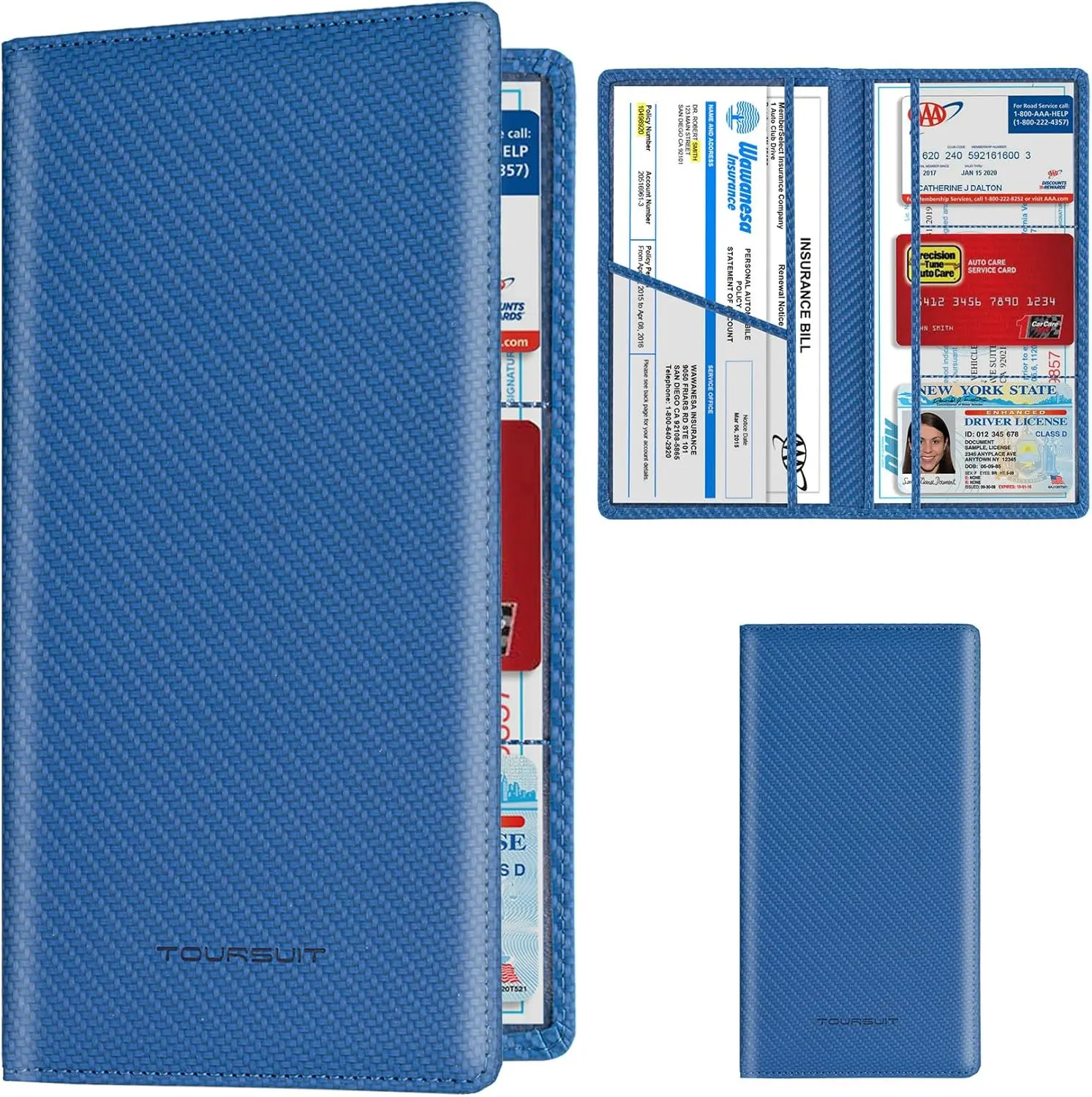Carbon Blue Leather-Like Multi-Slot Car Registration & License Docs Holder, Compact Glove Box Vehicle Document Organizer, Car Interior Stowing & Tidying Accessory for Men Women