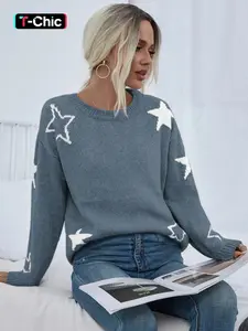 Women's Star Print Drop Shoulder Sweater, Casual Long Sleeve Round Neck Jumper for Fall & Winter, Fashion Ladies' Knitwear for Daily Wear