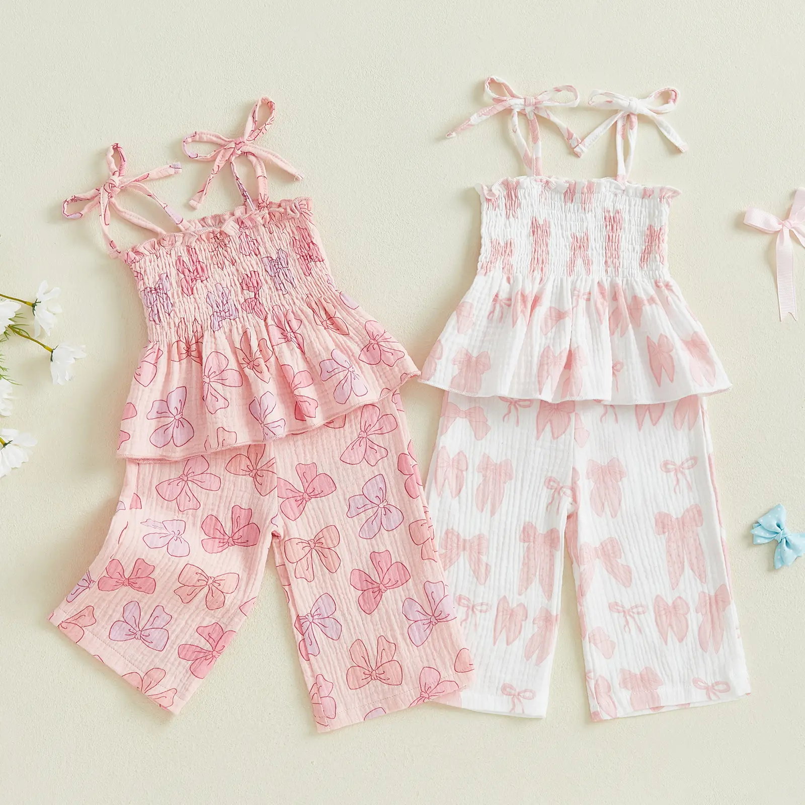 Toddler Baby Girl Summer Outfits Bow Print Sleeveless Smocked Tie-up Camisole Tops Loose Pants 2-Pieces Clothes Set Cute Shorts