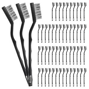 60 count Mini Wire Brush Set Stainless Steel Wire Bristle Scratch Brush Small Metal Brush for Cleaning Curved Handle Masonry Welding for Cleaning Welding Slag and Rust Tool, Black, 6.7 Inches