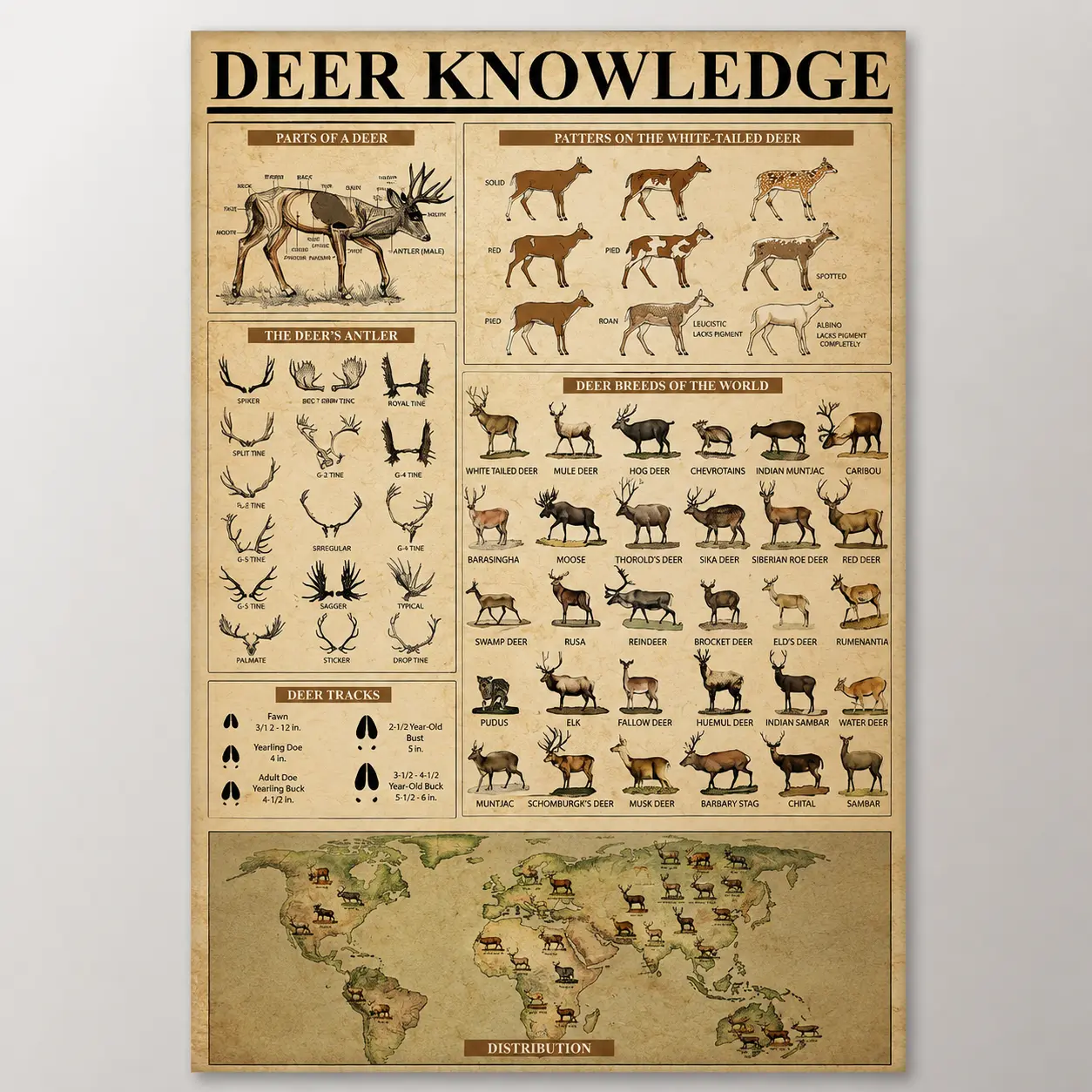 Deer Knowledge Poster, Vintage Deer Identification Chart, Wildlife Education Wall Art, Hunting Decor Print, Deer Anatomy & Antler Guide, Unframed Paper Poster