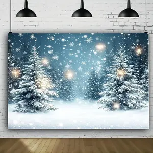 1pc Polyester 2D Flat Snowy Christmas Pine Tree Party Banner, 99.06×179.83 Backdrop - Party Decoration Supplies for Holiday, Festive Event Decor