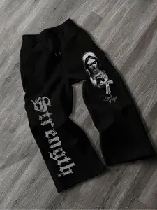 TikTok Trending! Black sweatpants with "Strength" text, a religious - themed graphic (figure with cross), and "Light of life" script. Edgy design, perfect for bold streetwear with spiritual vibes. Drawstring Waist Sweatpants, Casual Comfy Sweatpants