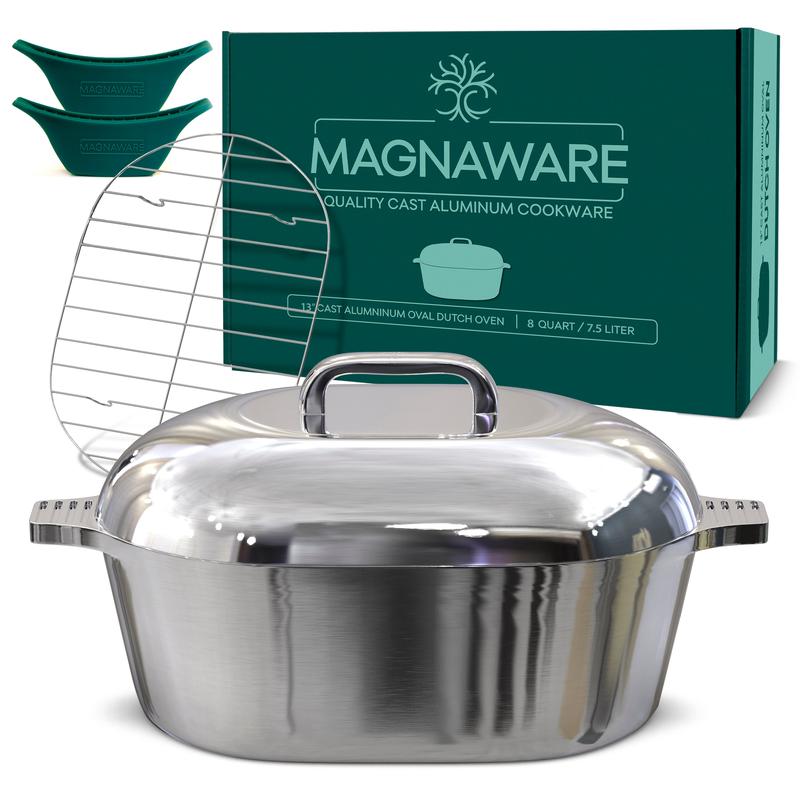 MAGNAWARE Oval Dutch Oven with Lid 8 Quart 13 Inch Cast Aluminum Cookware Set Lightweight Rustproof Classic Pot with Silicone Handle Covers