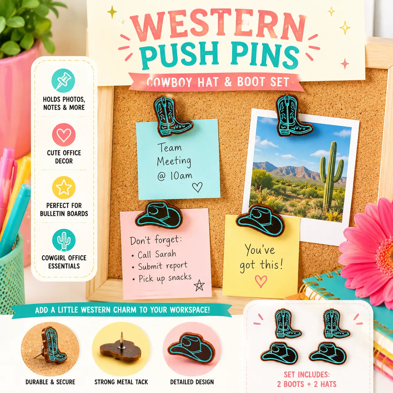 Western Cowboy Hat & Boot Push Pins, Cute Decorative Thumb Tacks, Western Office Decor, Cowgirl Bulletin Board Pins, Rustic Desk Accessories