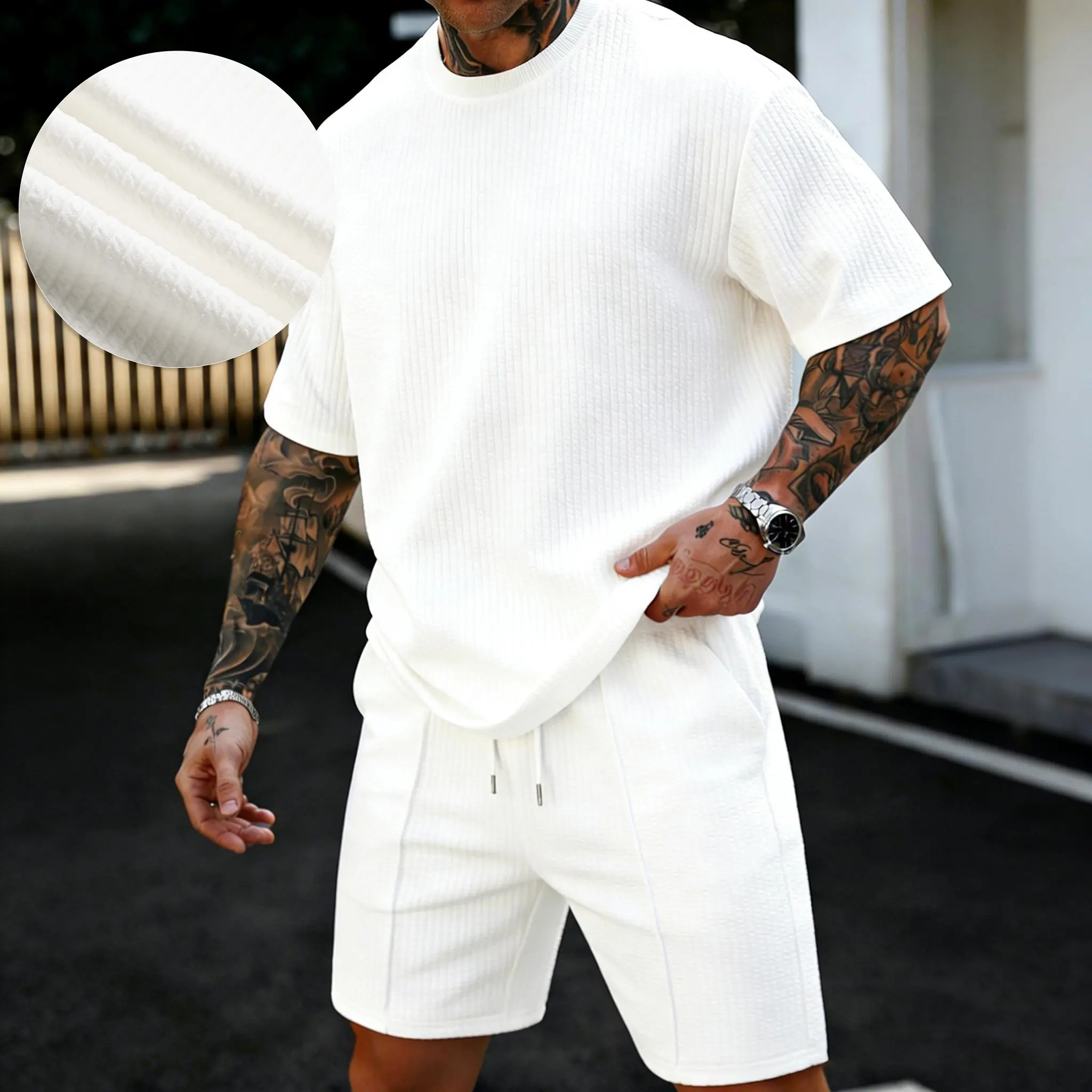 Men's Summer Sportswear Solid Color Shorts & Round Neck Short Sleeve T-Shirt Set, Casual Fashion for Daily Wear