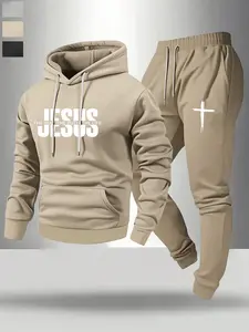 Men's Multi-Color Faith-Themed Jesus Fleece Hoodie & Sweatpants Set, Casual Long Sleeve Comfortable Design for Church Activities