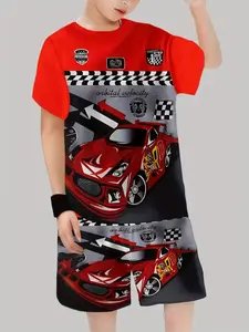 3D Short Sleeve Shorts Set, Racing Car Pattern, Geometric Design, Summer Casual Wear, Suitable for Outdoor Play
