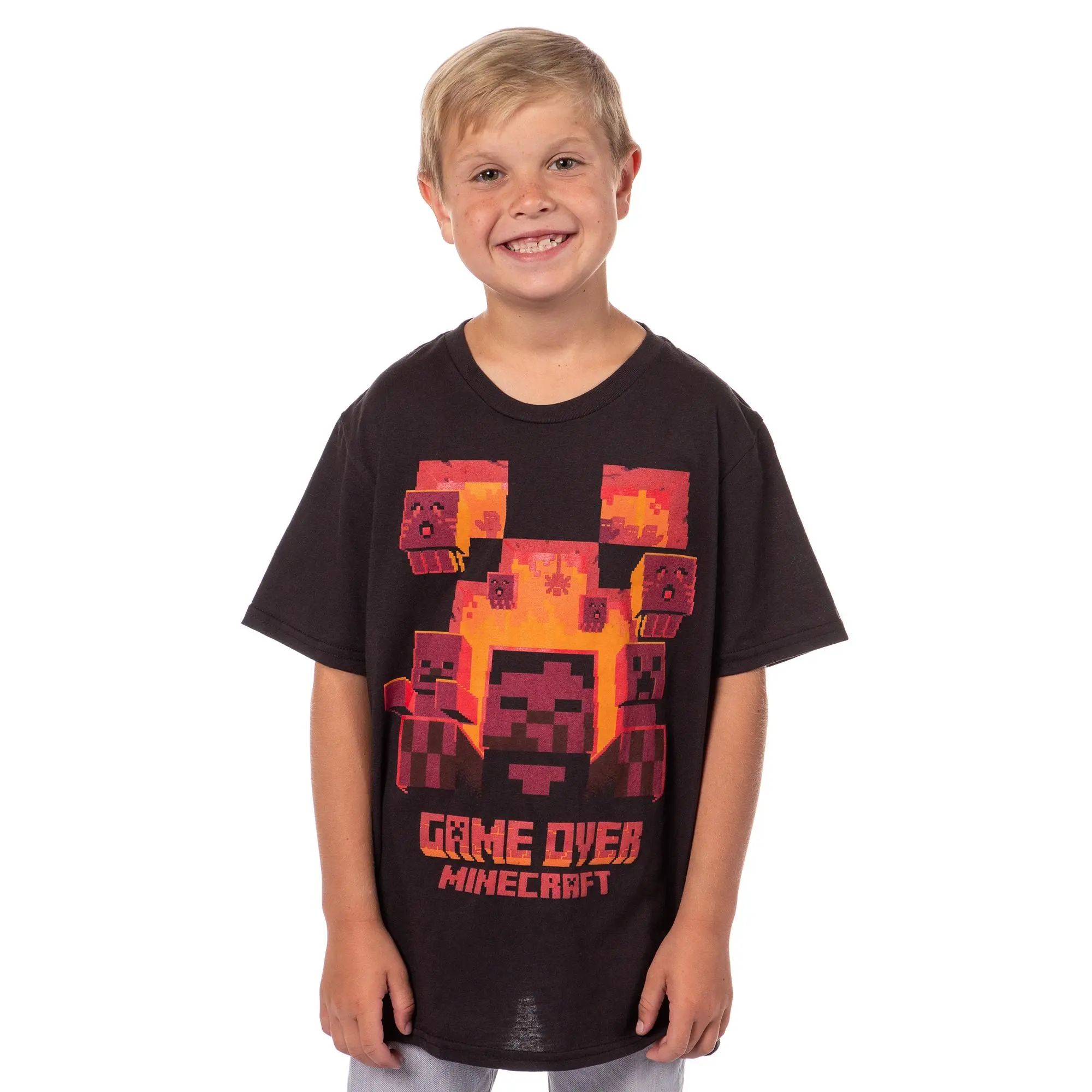 Minecraft Flaming Game Over Pixel Design Kids Short Sleeve T-Shirt (Medium)