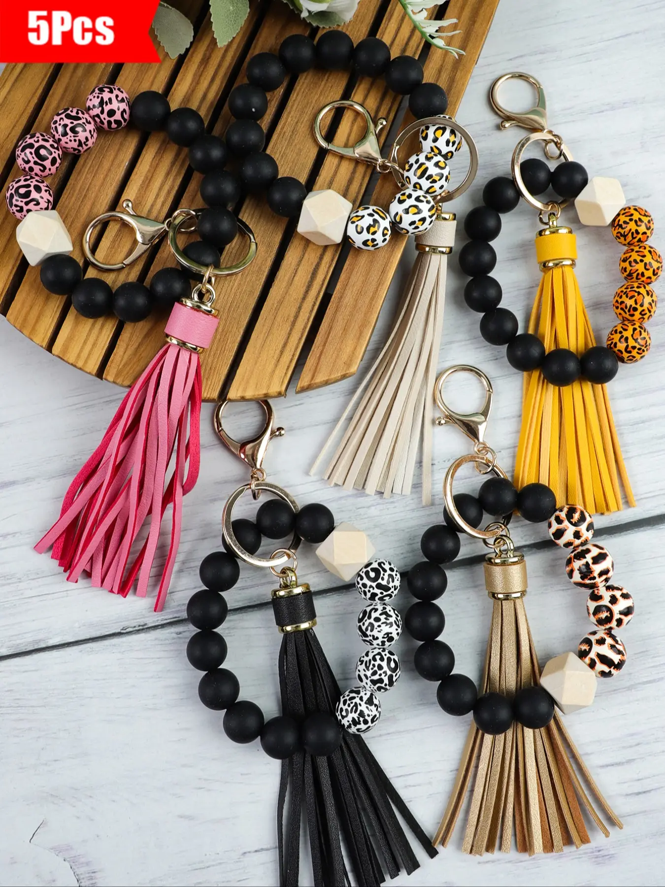 5-Piece Beaded Keychain Set, Leopard Print & Beads, Punk Style, Perfect Gift for Friends, Holiday Present, Fashion Accessory, Keychain Lanyard, Keychain for Bags