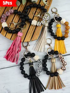 5-Piece Beaded Keychain Set, Leopard Print & Beads, Punk Style, Perfect Gift for Friends, Holiday Present, Fashion Accessory, Keychain Lanyard, Keychain for Bags