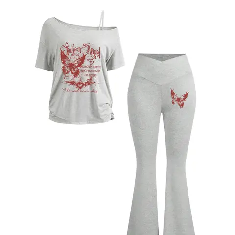 Y2K Gothic Style Vintage Print Asymmetrical Strap Loose T-Shirt + High Waist Slim Fit Pants Bottom Set, Casual Everyday Set, Short Sleeve, All Seasons, Fashionable Casual Clothes