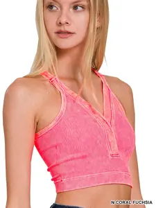 THE ASHLEY ZENANA WASHED RIBBED CROPPED BUTTON V-NECK TANK TOP