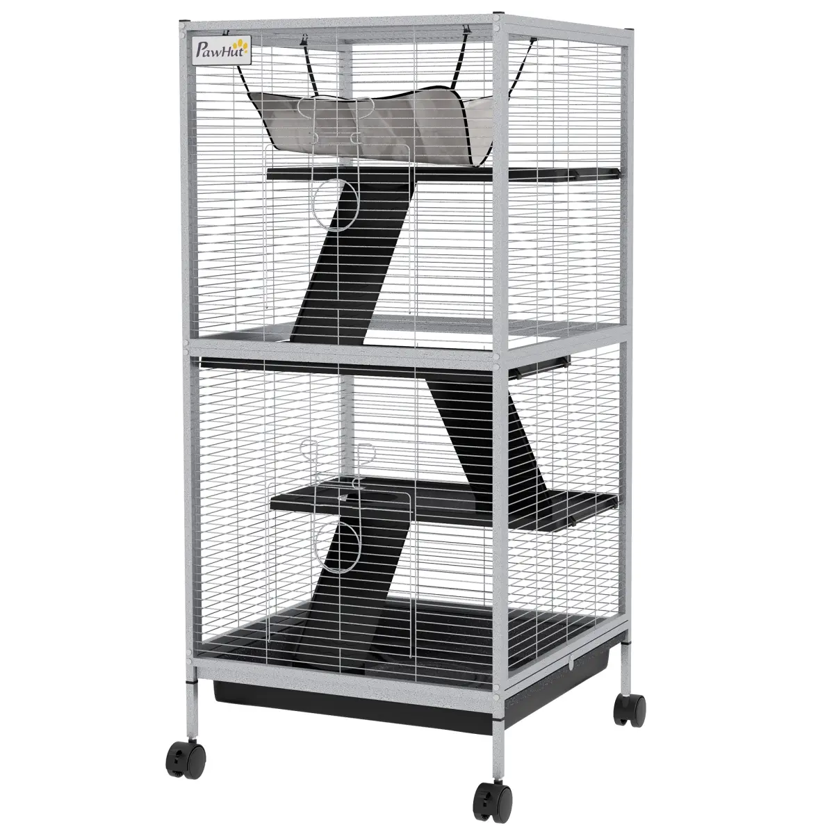 212 Main D51-153V00LG PawHut Metal Small Animal Cage Rolling Big Ferret Cage, Chinchilla Cage, Sugar Glider Cage with Hammock & 4 Tiers, Removable Tray, White