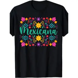 Mexicana Latina Women's T-Shirt - Vibrant Mexican floral print featuring cacti and marigolds, with "MEXICANA" lettering, a unisex retro round-neck short-sleeved T-shirt