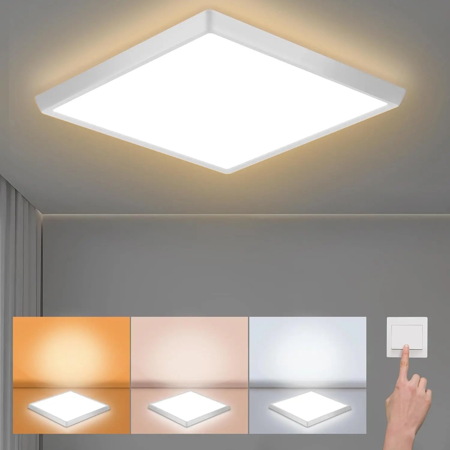 12 in Low Profile Square LED Flush Mount Ceiling Lighting, 24W Output Hardwired Kit - 2400LM, Adjustable CCT (3000K/4500K/6500K), 250W Equiv, Flicker-Free Non-Dimmable Indoor Light for Dining Room, Small Living Room (107-260 ft² Spaces)