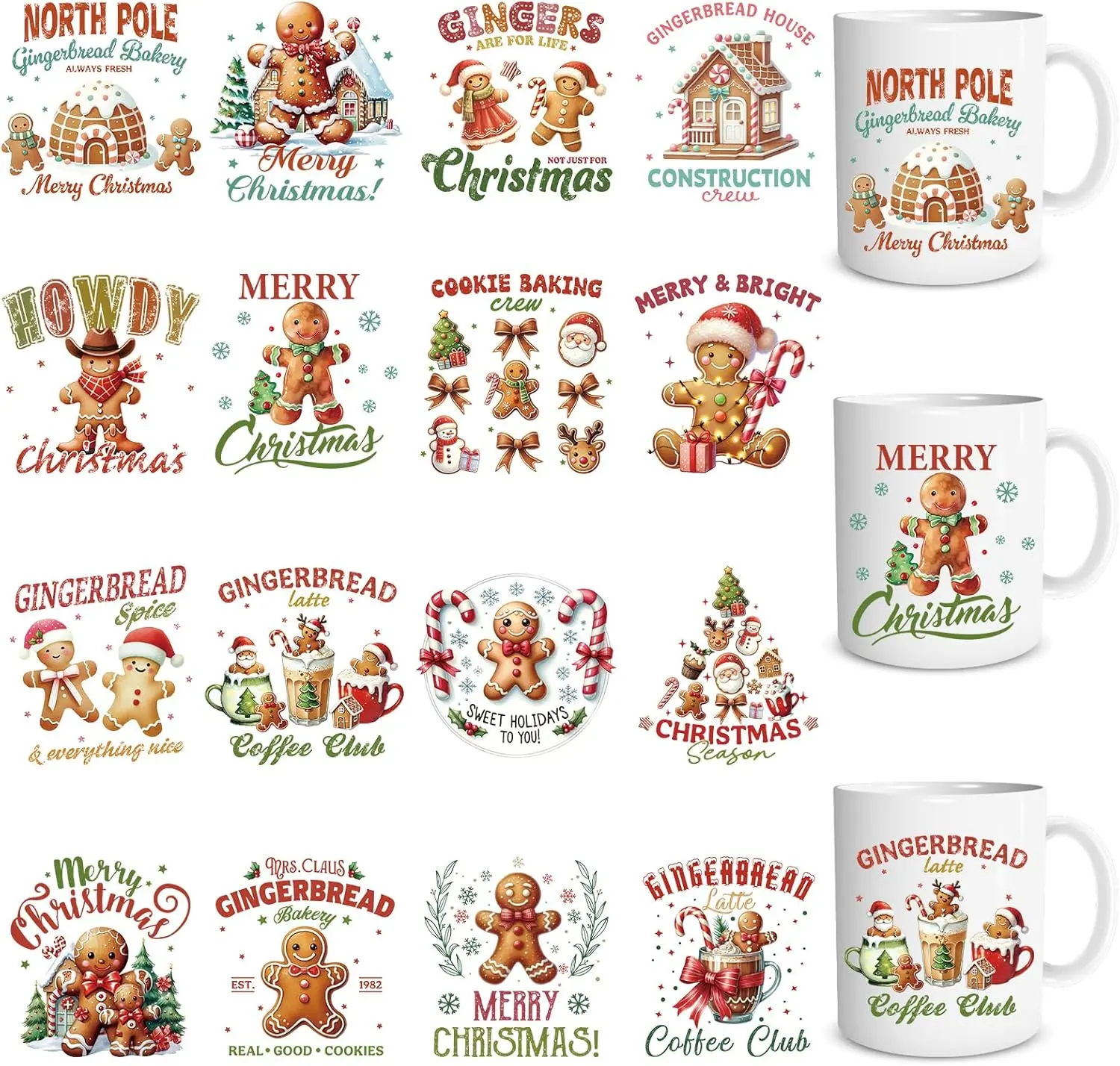 Christmas UV DTF Stickers - 16 count Gingerbread Man UV DTF Cup Wraps for 16 oz Xmas  UVDTF Transfer  for Glasses Cups Mug DIY Crafts