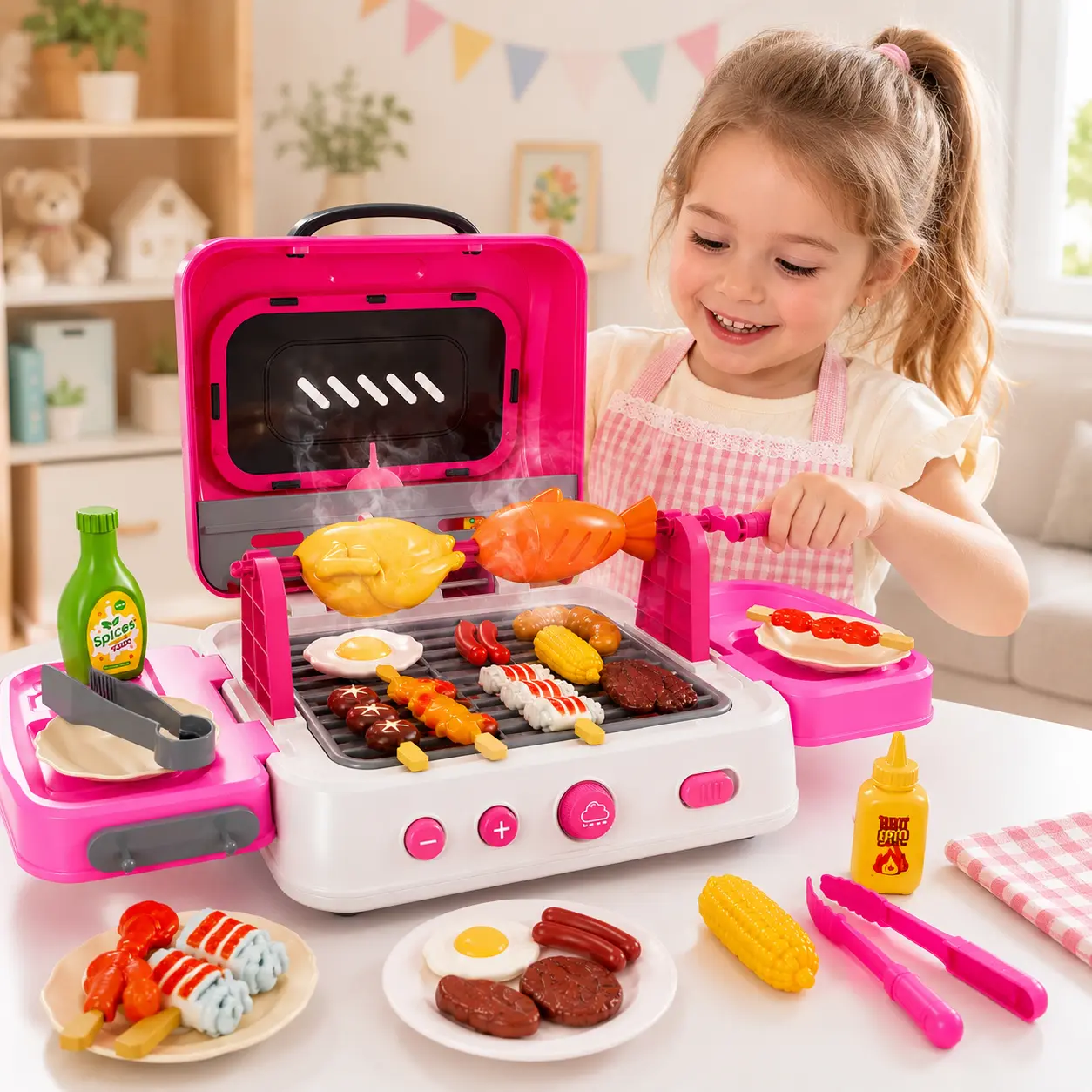 Kids BBQ Grill Pretend Play Set, Kitchen Playset with Oven, Smoke Effect, Lights and Sounds, Outdoor Role Play Toy, Ideal Gift for Boys and Girls