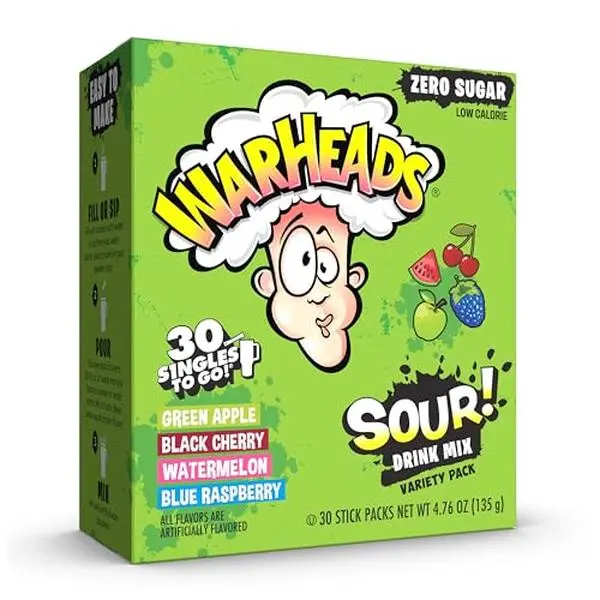Singles To Go! Warheads Sour Drink Mix Variety Pack, Sugar Free, 30 Ct