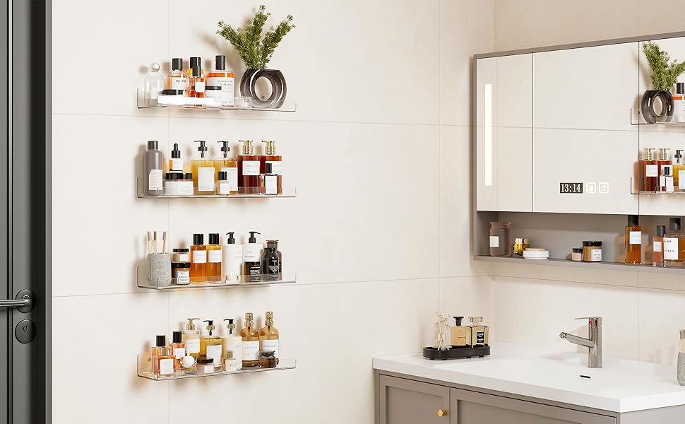 4 Pack Acrylic Floating Shelves-Modern Floating Wall Shelf Set,, 15 Inch Clear Book Shelf – Wall Mounted Display Organizer for Bathroom, Bedroom, Living Room, Kitchen, Classroom Decor- Perfect Valentine and Easter day gift 4 Pack Acrylic Floating Shelves-Modern Floating Wall Shelf Set,, 15 Inch Clear Book Shelf – Wall Mounted Display Organizer for Bathroom, Bedroom, Living Room, Kitchen, Classroom Decor- Perfect Valentine and Easter day gift