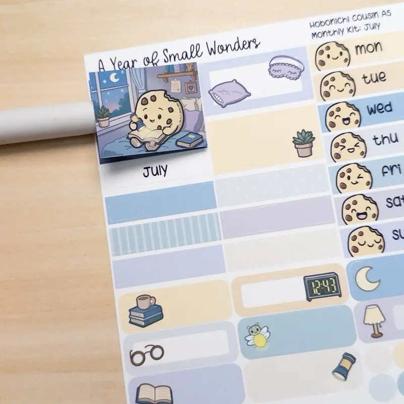 July Hobonichi Monthly Kit – A Year of Small Wonders – Summer Night Reading Planner Stickers – Cousin A5, A6, Weeks