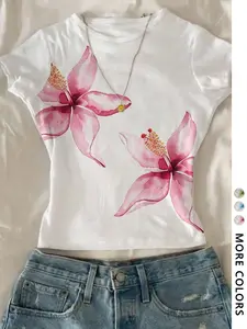 Women's Short Sleeve Round Neck T-Shirt with Lily Flower Print, Floral Casual Fitted Design, Comfortable and Simple Style, All Seasons Wear
