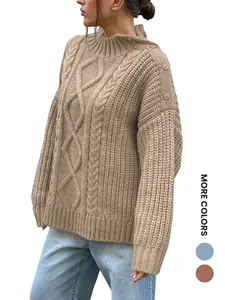 Renaishow Lady's Thick Knitting Oversized Cable-Knit Sweater, Fall Winter Trendy Button-Up Turtleneck Comfortable Chunky Pullover Piece, Women's Tops Knitwear