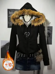 Women's Fashion Long Sleeve Hooded Pocket Sweatshirt, Fur Collar Jacket, Casual Streetwear, Vintage Style, All Seasons